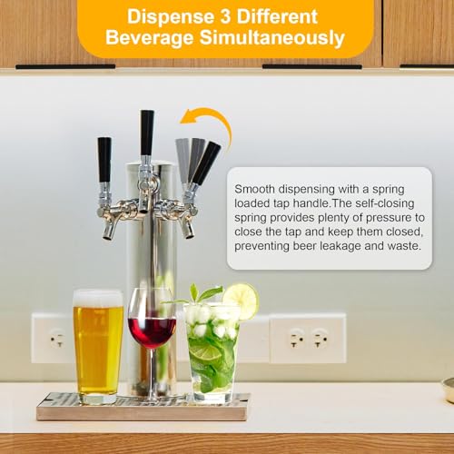 3 Tap Beer Tower, Stainless Steel 3” Flange Self-Closing Beer Tap Tower Kegerator Tower Keg Tap Dispenser Kegerator Tower Kit for Kegerator Countertop - size: Triple Tap