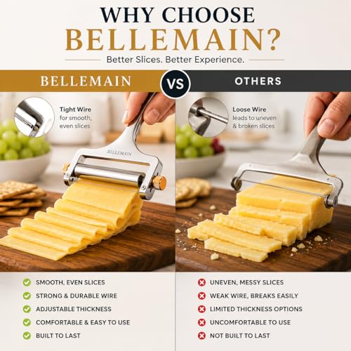 Bellemain Stainless Steel Wire Cheese Slicer with 2 Extra Wires – Handheld Cheese Cutter for Block Cheese, Adjustable Thick & Thin Slices for Cheddar, Gruyere, Raclette & Mozzarella (Silver) - color: Silver