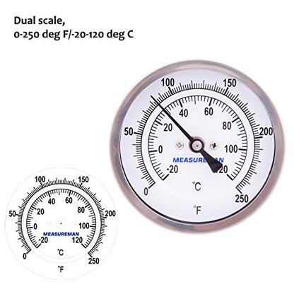 MEASUREMAN Fully Stainless Steel Pot, Kettle, Brewing Bimetal Thermometer, 3" Dial, 2-1/2" Stem, 0-250 deg F/-20-120 deg C, -1% Accuracy, Adjustable, 1/2" NPT Back Mount - size: 0-250 deg F/-20-120 deg C, style: 2-1/2" Stem