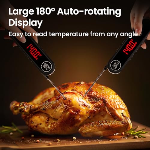 Meat Thermometer Digital, 0.3s Instant Read Food Thermometer with Auto-Rotating LED Display & Calibration Function, Magnetic Back for Cooking, Grilling, BBQ, Smoker (Black) - color: Black