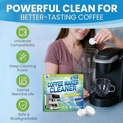 Coffee Machine Cleaner Tablets 24 Pack 5g per Tablet - Deep Cleaning Descaler for DeLonghi Philips Nespresso Breville Keurig - Food Grade Safe Formula Removes Oil Residue & Odor