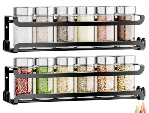 LUCYCAZ 2 Pack Wall Mounted Spice Rack for Spice Jars & Seasonings (Black) | 8 Metal Hooks, Space-Saving,Screw or Adhesive Spice Shelf Hanging,for Kitchen Cabinet,Pantry Door,RV,Camper Spice Orgnaizer - color: Black, size: 2 PACK