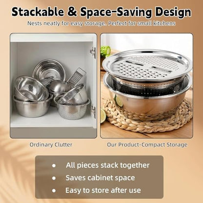 Germany Multifunctional Stainless Steel Basin - 2026 New 3-in-1 Grater Strainer and Drain Basket Set with Vegetable Slicer, 10.24 Inch for Kitchen Rinsing Draining Mixing