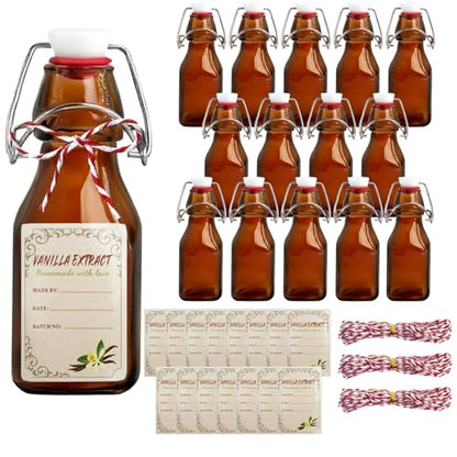 14 Pcs 4 oz Amber Swing Top Brown Square Glass Bottles with Caps Sticker and Cotton Twines Flip Top Glass Bottle for Home Tea Vanilla Extract Beer Brew Oil Supply
