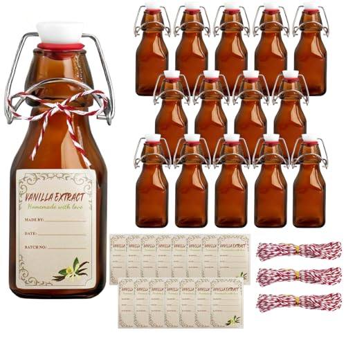 14 Pcs 4 oz Amber Swing Top Brown Square Glass Bottles with Caps Sticker and Cotton Twines Flip Top Glass Bottle for Home Tea Vanilla Extract Beer Brew Oil Supply