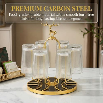 Pumtus Metal Glass Drying Rack, Rotating 6 Bottles Dryer Stand, Drinking Mug Holder with Soft Rubber Hook, Non-Slip Water Tumbler Draining Tree, Reusable Mason Jar Organizer for Kitchen, Countertop