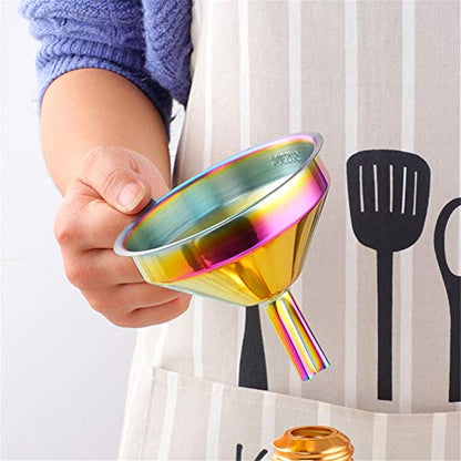 Stainless Steel Wide Mouth Funnels with Detachable Strainer, 5-inch Funnel for Filling Small Bottles and Jars, Cooking Oil and Transmission Liquid, Food Grade Metal Kitchen Funnels Rainbow - color: Rainbow