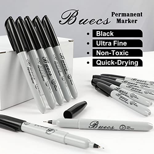 Buecs Permanent Markers, 60 Count Ultra Fine Point Black Permanent Markers, Works on paper, Plastic, Stone, Glass, Metal