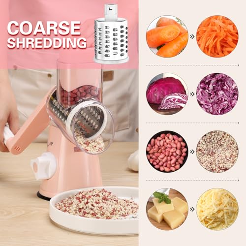 Cambom Rotary Cheese Grater Hand Crank Cheese Shredder for Fresh Cheese, Vegetable, Nuts,Non-slip Suction Base，Three Blades,Pink - color: Pink, size: 3 BLADES