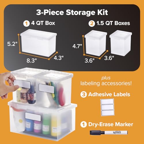 Bostitch Konnect Storage Containers with Lids, Clear Plastic Box, Stackable for Crafts, Home, and Office Organization, Labels, 3-Piece (1 4 Qt Box, 2 1.5 Qt boxes)