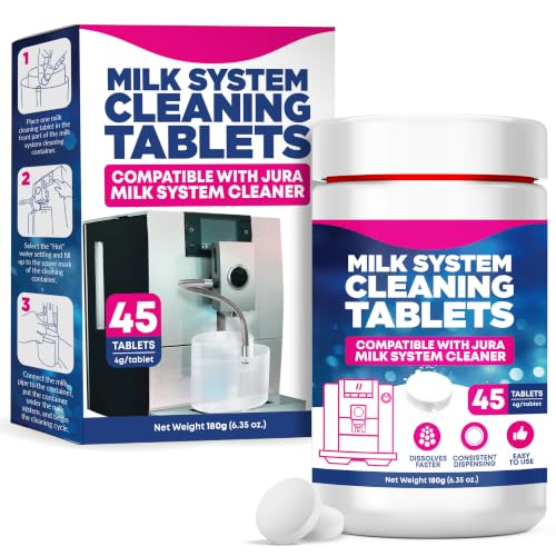 [45 Count, 180g Bottle] Milk System Cleaning Tablets for Automatic Coffee Machines - Compatible with Jura Automatic Coffee Machines - Includes Cleaning, Descaling Tablets, and Milk System Cleaner