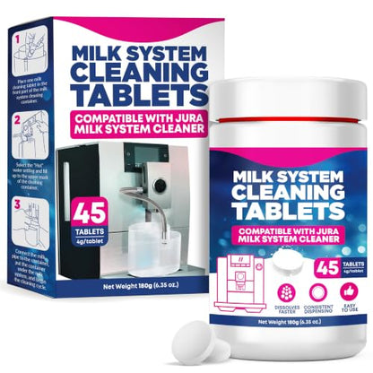 [45 Count, 180g Bottle] Milk System Cleaning Tablets for Automatic Coffee Machines - Compatible with Jura Automatic Coffee Machines - Includes Cleaning, Descaling Tablets, and Milk System Cleaner