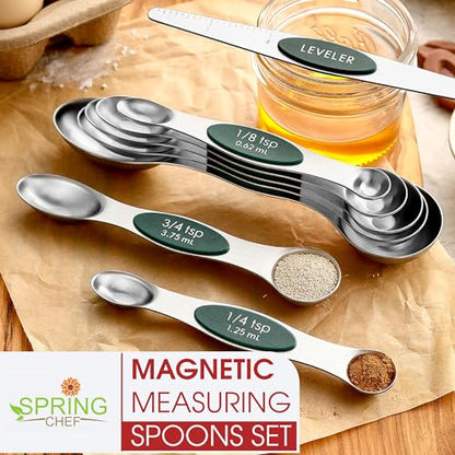 Spring Chef Stainless Steel Magnetic Measuring Spoons Set of 8 with Leveler, Stackable Magnetic Teaspoon & Tablespoon Set, Metal Kitchen Gadgets for Baking & Cooking, Fits in Spice Jars - Pine Green - color: Pine Green, size: 1-Pack