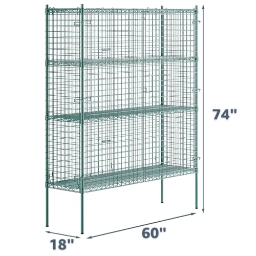 18" x 60" x 74" NSF Heavy Duty Green Epoxy Wire Shelves with Security Cage Kit, 4 Tier Metal Commercial Storage Rack - color: Green, size: 18" x 60" x 74"