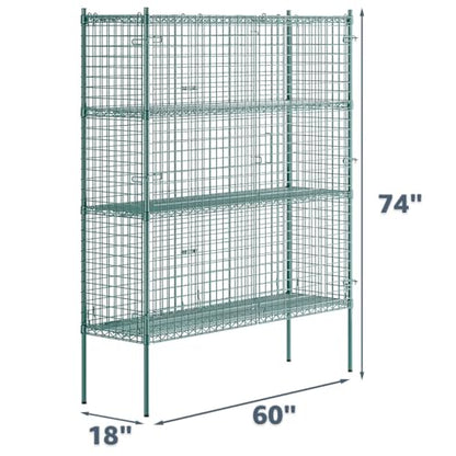18" x 60" x 74" NSF Heavy Duty Green Epoxy Wire Shelves with Security Cage Kit, 4 Tier Metal Commercial Storage Rack - color: Green, size: 18" x 60" x 74"