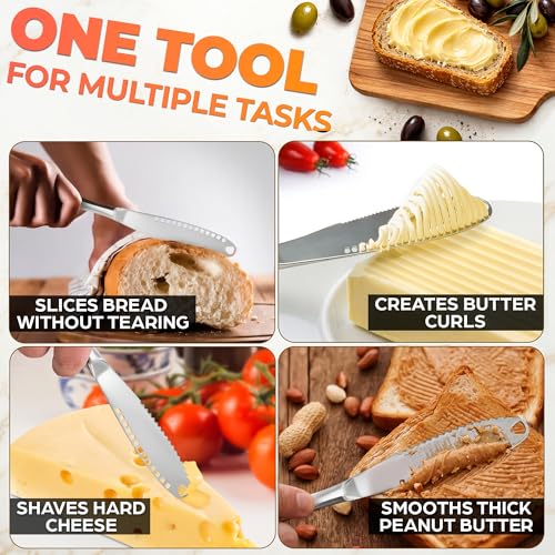 2 Pcs Butter Knife Spreader, 3 in 1, Stainless Steel | Butter Spreader Knife; Grater Blade and Holes; Non-Slip Grip; Dishwasher Safe; Spreads Cream Cheese and Jam - color: Silver