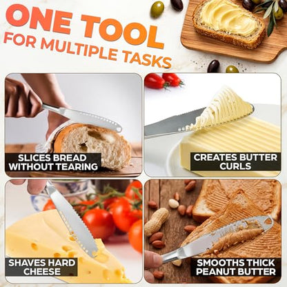 2 Pcs Butter Knife Spreader, 3 in 1, Stainless Steel | Butter Spreader Knife; Grater Blade and Holes; Non-Slip Grip; Dishwasher Safe; Spreads Cream Cheese and Jam - color: Silver
