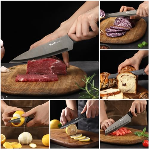 Wanbasion Black Professional Kitchen Knife Chef Set, Stainless Steel, Dishwasher Safe with Sheathes - color: Black