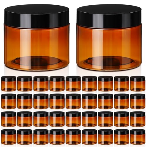 Tanlade 40 Pcs Amber Plastic Jars with Lids Round Cosmetic Containers Amber Jars Refillable Containers for Powder Liquid Food Storage Kitchen Cosmetic Lotion Ointments Creams Essential Oil (10 oz) - color: Amber, size: 10 oz