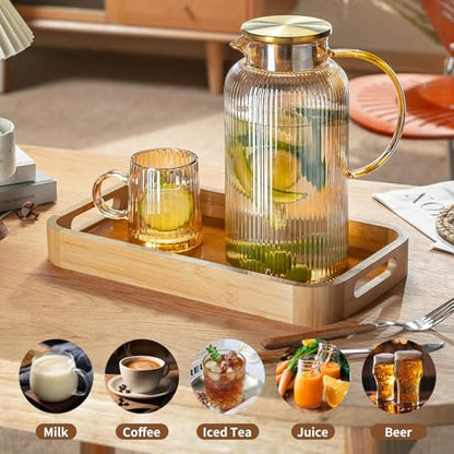 Buaic Glass Pitcher with Lid, 68 oz/ 2 Liter Amber Classic Vertical Stripes Water Pitcher,Glass Water Carafe for Cold Brew, Coffee, Lemonade, Iced Tea,Beverage, Heat Resistant Water Glass Jug - color: Amber, size: 68 Ounces