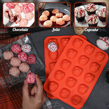 Webake Brain Chocolate Mold, Bite Size Halloween Brain Silicone Molds 15-Cavity for Halloween Chocolate, Candy, Jello, Cupcake, Treats, Pack of 2 - style: Brain