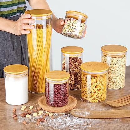 Vtopmart Glass Food Storage Jars, 7 Pack Kitchen Containers with Airtight Bamboo Wooden Lids for Pasta, Cookies, Nuts, Coffee Beans, Cereal, Canisters Set for Flour, Pantry Organization, BPA Free - size: 7 Pack (15 oz - 74 oz)