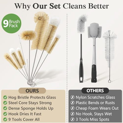 MASTERTOP 9 Pieces Bottle Brush Set - Long Water Bottle and Straw Brush Cleaning Set BPA Free Bottle Cleaner Brush for Baby Bottle Pipes Coffee Grinder Teapot Narrow Neck Wide Mouth Water Bottles