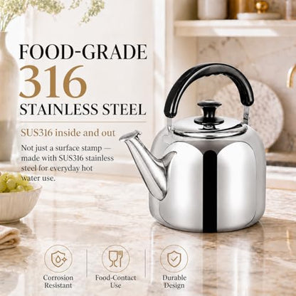 Whistling Stovetop Tea Kettle,Food Grade 316 Stainless Steel,Hot Water Fast to Boil,Stovetop Kettle with Ergonomic Handle,3.1 Quart Capacity