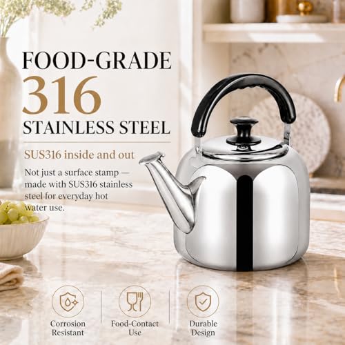 Whistling Stovetop Tea Kettle,Food Grade 316 Stainless Steel,Hot Water Fast to Boil,Stovetop Kettle with Ergonomic Handle,4.2 Quart Capacity