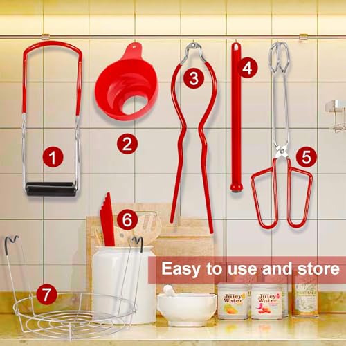 7 Pieces Canning Supplies Kit, Red | Stainless Steel Canning Tools Set, Includes Steamer Rack, Funnel, Jar Lifter, Wrench, Tongs, Lid Lifter, Bubble Remover - color: Red