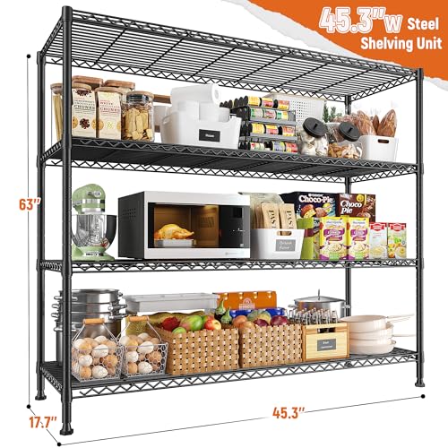 REIBII Storage Shelves 45.3''W Wire Shelving Unit 4 Tier Metal Shelves for Storage Rack Metal Shelving for Pantry Shelves Kitchen Steel Shelving, 45.3''W*63''H*17.7" D - size: 45.3"W×63"H×17.7"D