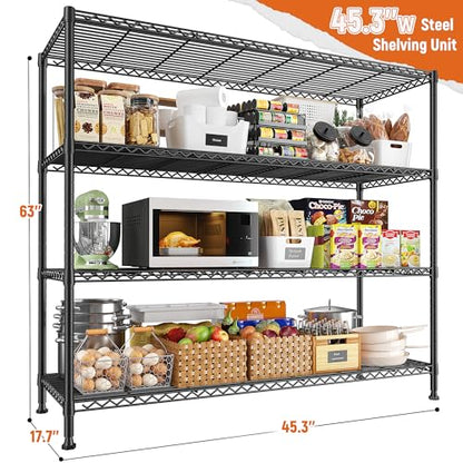 REIBII Storage Shelves 45.3''W Wire Shelving Unit 4 Tier Metal Shelves for Storage Rack Metal Shelving for Pantry Shelves Kitchen Steel Shelving, 45.3''W*63''H*17.7" D - size: 45.3"W×63"H×17.7"D