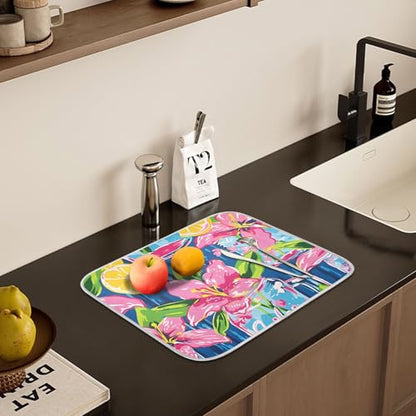 Lily Pulitzer Mason Jars Dish Drying Mats for Kitchen Counter, Microfiber Dish Drainer Mat 16 x 18 Inch Absorbent Washable Rack Pad Drying Dishes - size: 16x18in