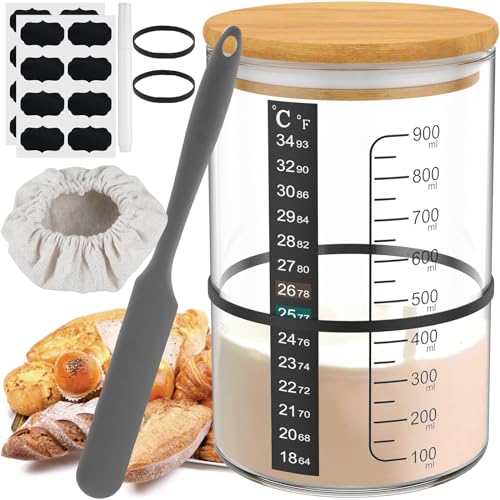 10Pcs Sourdough Starter Jar Kit 900ml Heat Resistant Sourdough Starter Container with Wooden Lid Spatula Reusable Wide Mouth Glass Sourdough Fermentation Jar for Sourdough Baking ZHAZHAMO