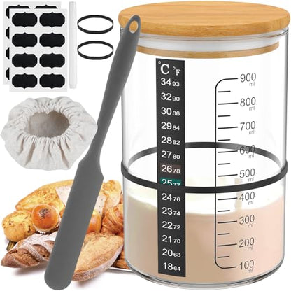 10Pcs Sourdough Starter Jar Kit 900ml Heat Resistant Sourdough Starter Container with Wooden Lid Spatula Reusable Wide Mouth Glass Sourdough Fermentation Jar for Sourdough Baking ZHAZHAMO
