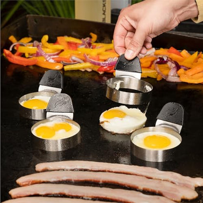 Plastic Batter Dispenser, Cast Iron Bacon Griddle Weight Press, 10 Inches Stainless Steel Omelet Egg Ring, Wood Wooden Crepe Spreader Spatula - size: One Size, style: 8 Piece Kit