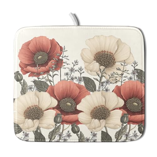 Floral Dish Drying Mat for Kitchen Counter 18x16 Inch Beige Pink Big Flower Drying Mat with Absorbent Reversible Microfiber Season Spring Dish Drainer Mats Rack Pad for Coffee Countertop Protector - color: Beige Pink Floral, size: 18" x 16"