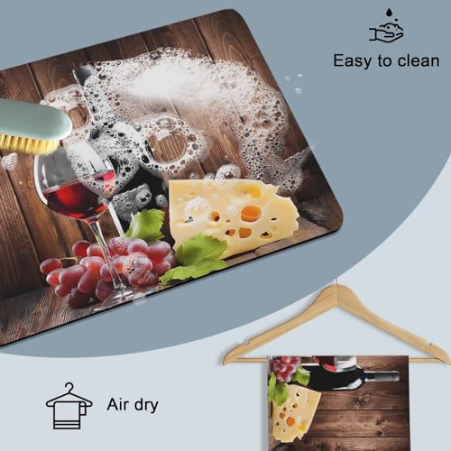Wine Cheese Dish Drying Mat for Kitchen Counter, Drying Mats Super Absorbent Microfiber Kitchen Countertop Protector Dishes Pad 12"x16", Grapes Farmhouse Brown Wooden Plank - size: 16" x 12"