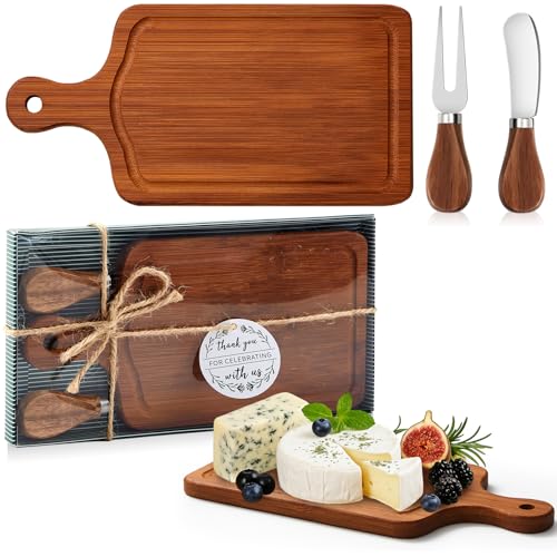 Ziliny 1 Set Bridal Baby Shower Cheese Prizes Wooden Square Board Gift Set Knives Forks Thank You Tags with Box for Guests for Valentines Bridal Baby Shower Housewarming (Carbonized Bamboo) - color: Carbonized Color