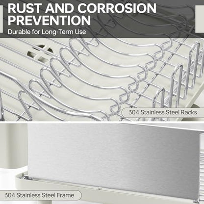 Stainless Steel Dish Drying Rack - Large Capcity 304 Grade Dish Drainer for Kitchen Counter with Drain Board, Utensil Holder & Detachable Cup Shelf, Rustproof Multifunctional Organizer, Light Green - color: Light Green