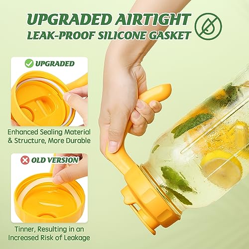 Soligt Glass Mason Jar Pitcher with Lid, Wide Mouth Flip Cap Pour Spout Leak-proof Lid with Handle, 64 oz (2 Quart /1.9 Liter), for Sun Tea/Iced Tea/Juice/Cold Brew Coffee/Milk (1 Pack, Vivid Yellow) - color: Vivid Yellow