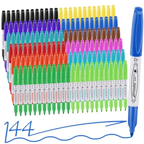 12 Colors Permanent Markers， 144 Pack colored marker sets, Assorted Colors Marker，Fine Point， Permanent Markers Bulk, Fast Dry, Waterproof, work on Plastic, Glass, Metal, Wood and Stone - size: 1 Count (Pack of 144)