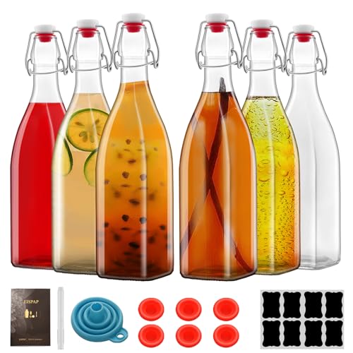 6 Pack 25oz Square Swing Top Glass Bottles, 750ML Bottles with Airtight Stoppers for Kombucha, Kefir, Vanilla Extract, Beer(Bonus Gaskets, Labels and Funnel)