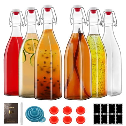 6 Pack 25oz Square Swing Top Glass Bottles, 750ML Bottles with Airtight Stoppers for Kombucha, Kefir, Vanilla Extract, Beer(Bonus Gaskets, Labels and Funnel)