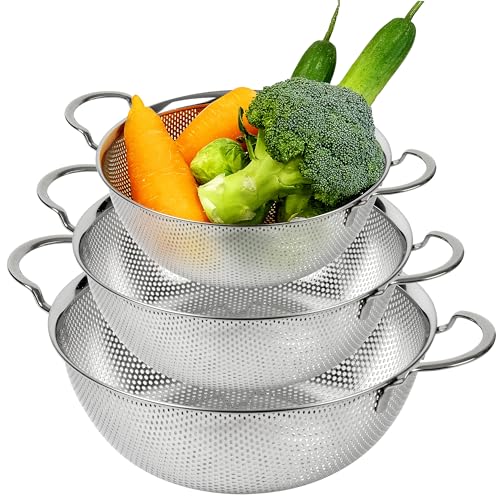 Premium 18/8 304 Stainless Steel Set of 3 – Micro-Perforated Strainers with Handles, Self-Draining Base for Pasta Vegetables Fruit, Heavy Duty (4, 6, 8 Qt) Made in Korea - size: 4+6+8QT Colander