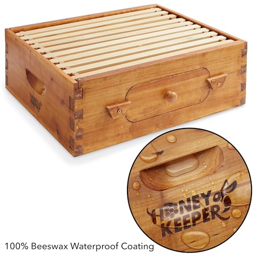 Honey Keeper Medium Super Brood Box with Window, 100% Beeswax Coated Beehive Kit with 10 Wooden Frames and Waxed Foundations for Langstroth Beekeeping - color: Yellow, size: Medium Super Box