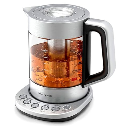 Viante Alba Electric Tea Kettle With Infuser, No Plastic, 1.5L | Borosilicate glass & 304 stainless steel construction. 4 temp presets, keep-warm, cordless, auto shut-off - style: Stainless Steel