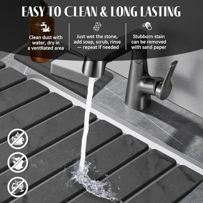 Extra Large Stone Dish Drying Mat for Kitchen Counter, 28"(L)×16 "(W) Foldable Quick Dry Dish Drying Mats, Absorbent Diatomaceous Earth Stone Drying Mats for Plate Rack Bottles Cups - Gray Marble - color: Grey Marble