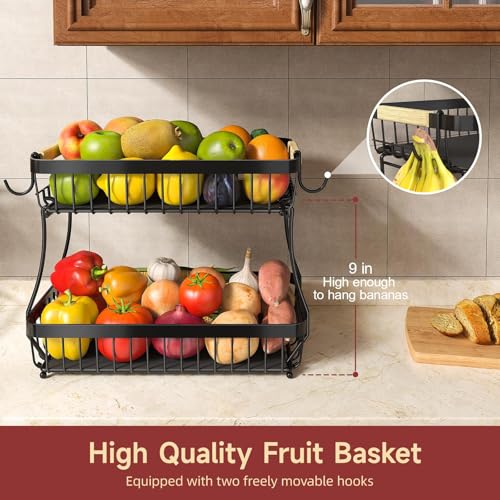 Sevenblue 3-Tier Fruit Basket with Banana Hangers, Detachable Metal Bowl | Wooden handle, protective mats included. Versatile holder for bread, snacks, and veggies. Large 3 tier metal design. - color: Black, size: 3 Tier