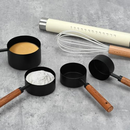 Black Measuring Cups and Spoons Set, Measuring Spoons and Measuring Cup Set for Cooking & Baking with Wood Handle - color: Black